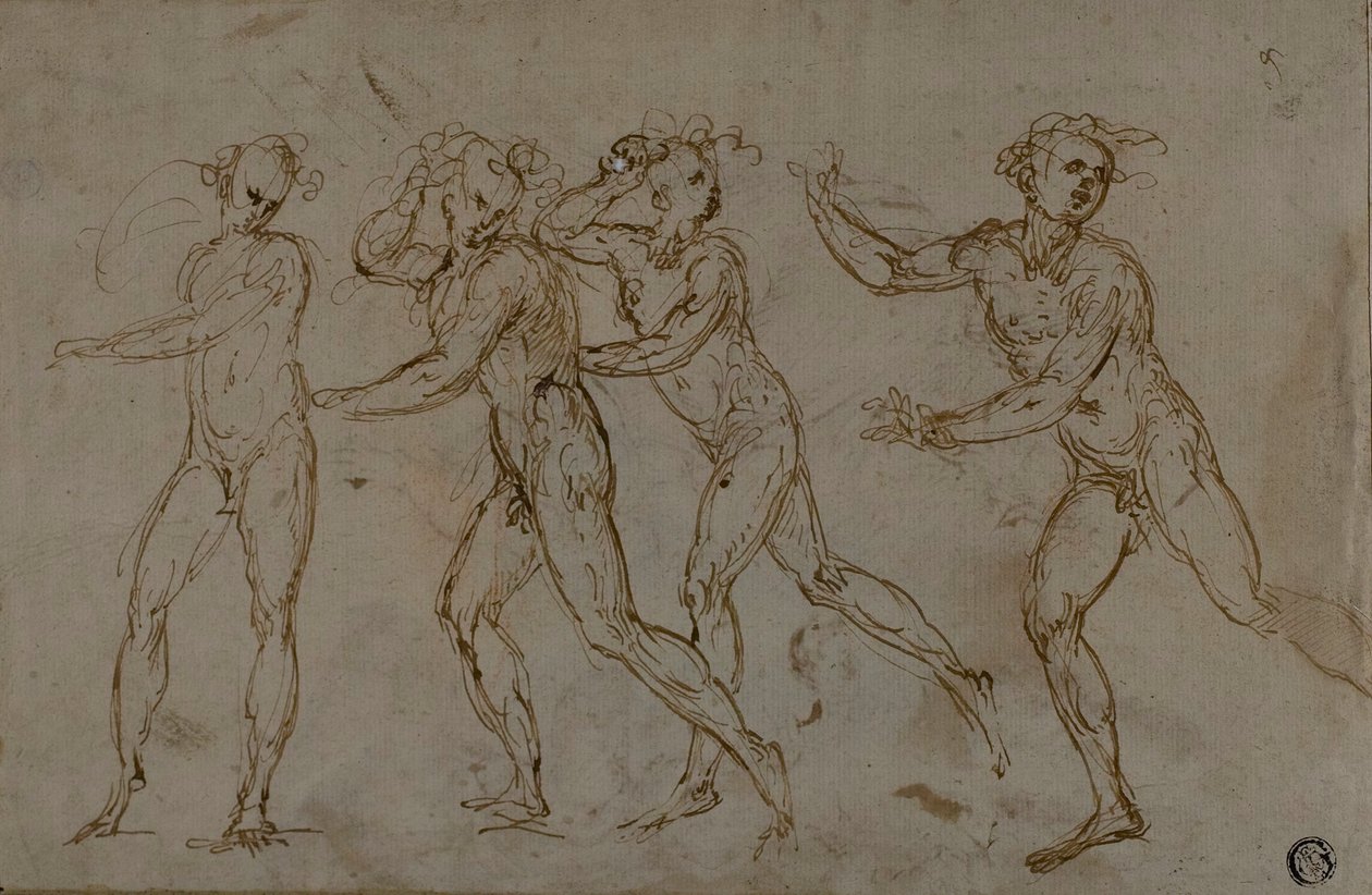 Fire løbende mandlige nøgenbilleder (recto); Hellig familie med spædbarnet Johannes Døberen (verso) af Unknown