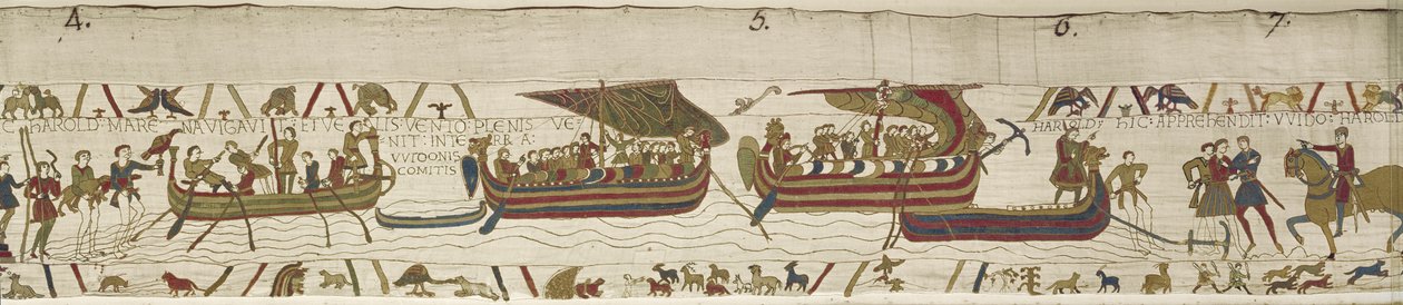 Harold krydser kanalen til Guy, greve af Ponthieu, hvor han bliver taget til fange, Bayeux Tapestry (uldbroderi på linned) af Unknown