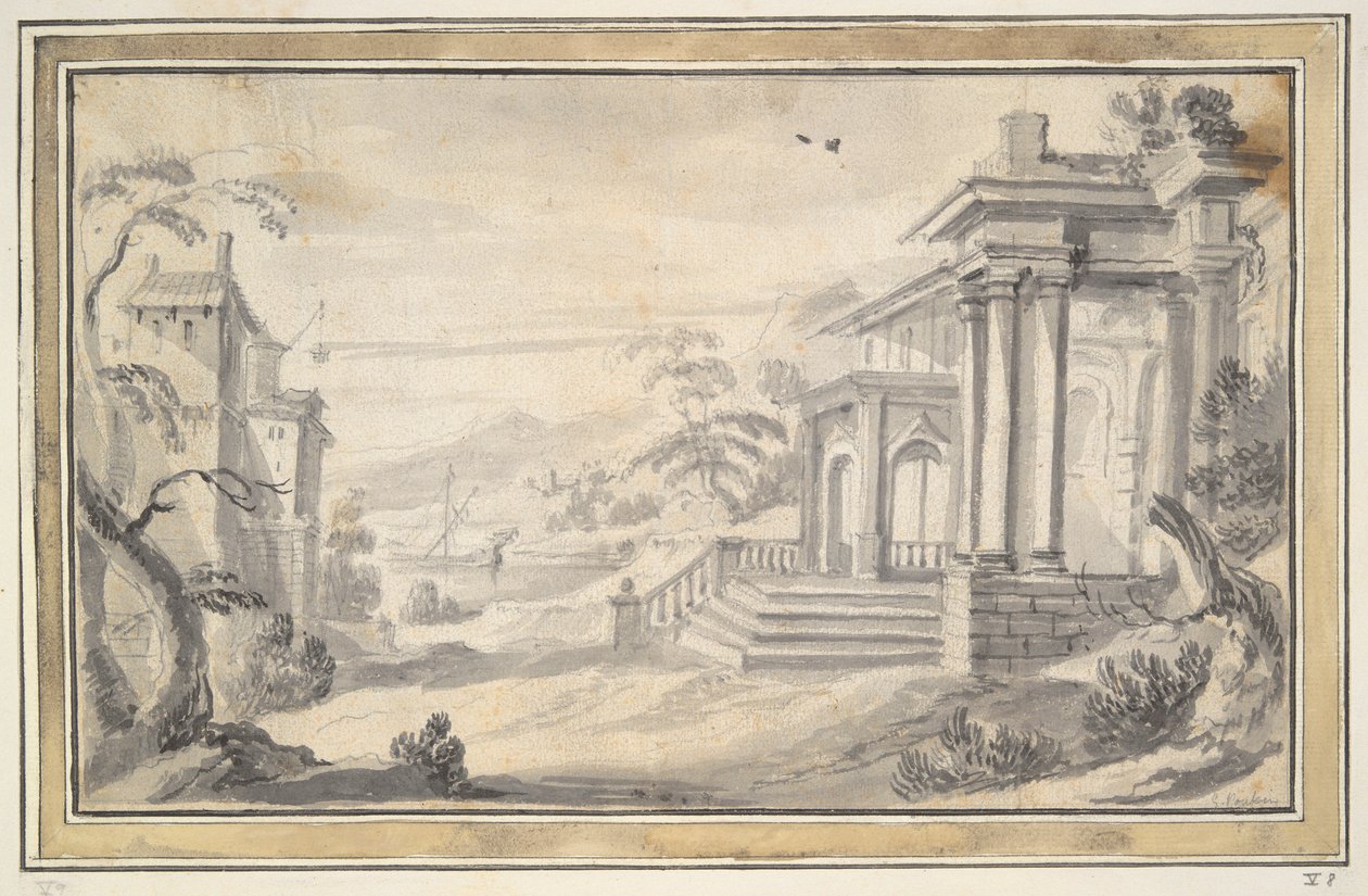 Italiensk landskab med imaginær villa af Unknown