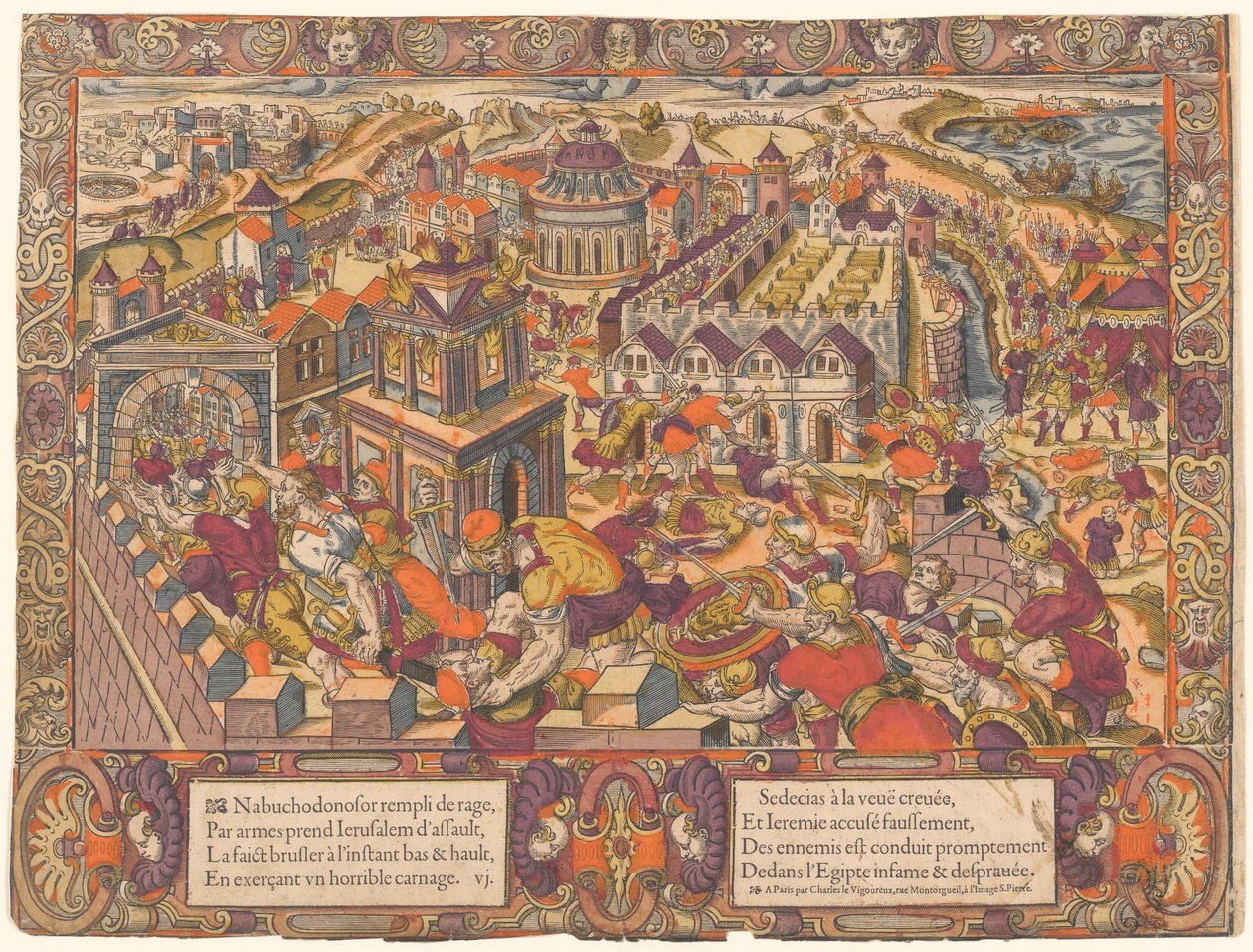 Jerusalem est pris & brulee, le Roy Sedecias a les yeux crevez. Et Jeremie est mene en Babilone. (Jerusalem er taget og brændt; kong Seleucis får sine øjne revet ud. Og Jeremias føres til Babylon. Jeremias 39-43), nr. 6, Historien om Jeremias af Unknown