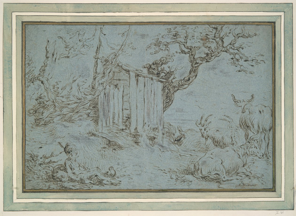 Landskab med Merkur nærmer sig en hyrde (recto); Dyrehoved (omvendt) af Unknown