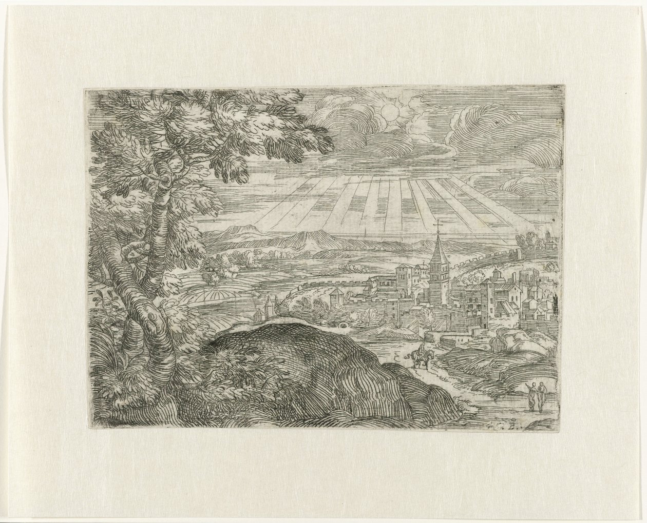 Landskab med udsigt over byen og strålende sol af Unknown