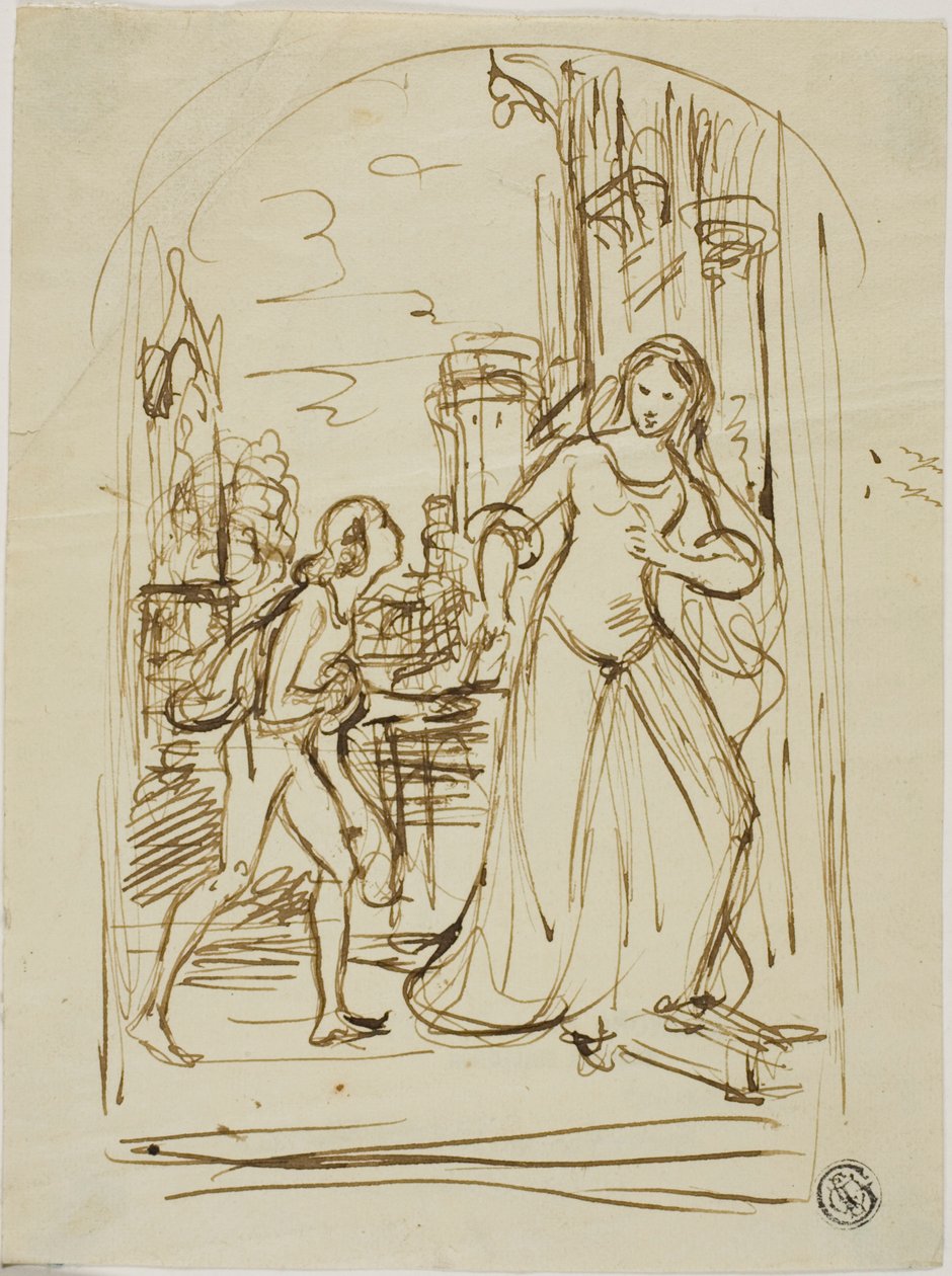 Litterær illustration: Middelalderlig dame med side (recto); Skitser af figurer (verso) af Unknown