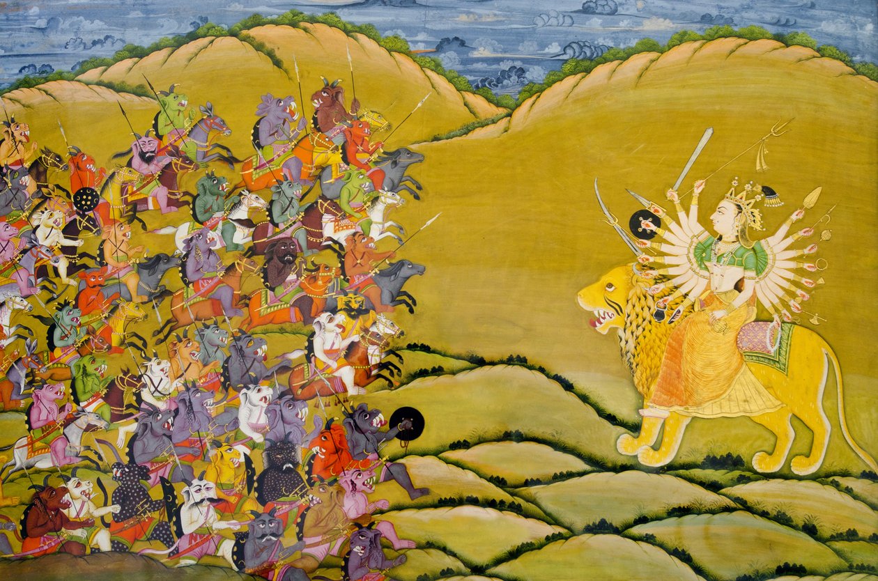 Marwar-maleri: Dæmonerne forbereder sig til kamp mod gudinden Durga, Mehrangarh Fort-paladsmuseet, Jodhpur, Rajasthan, Indien af Unknown
