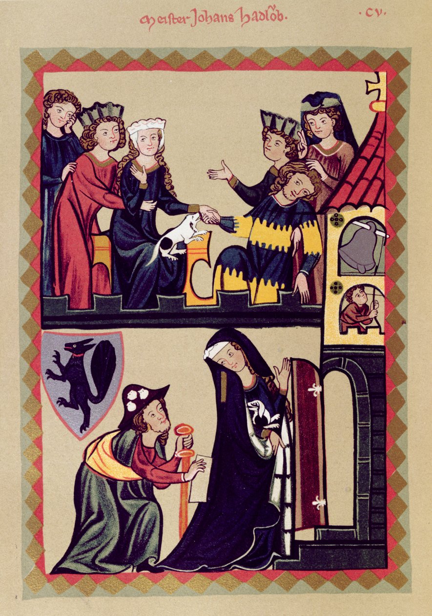 Mester Johannes Hadloub, illustration fra en faksimile af Manesse Codex eller Grosse Heidelberger Liederhandschrift, lavet i Zürich c.1305-40 af Unknown