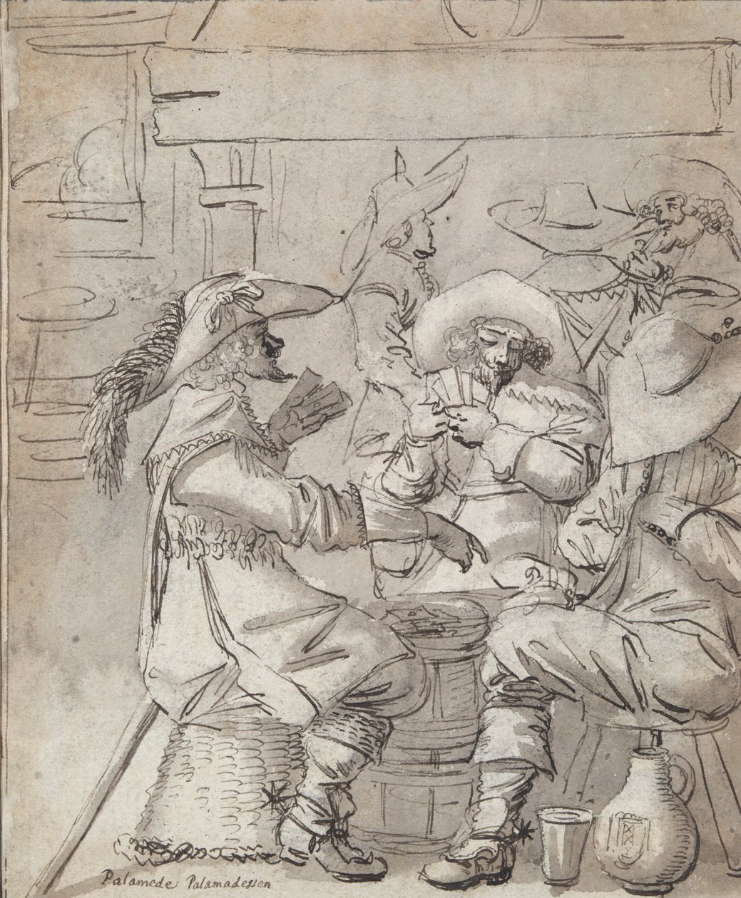 Mænd spillekort (rekto); Krointeriør med stående mand, der ryger (verso) af Unknown
