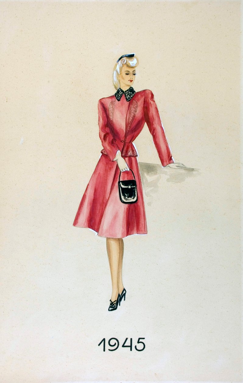 Model i jakkesæt, med håndtaske, 1945 af Unknown