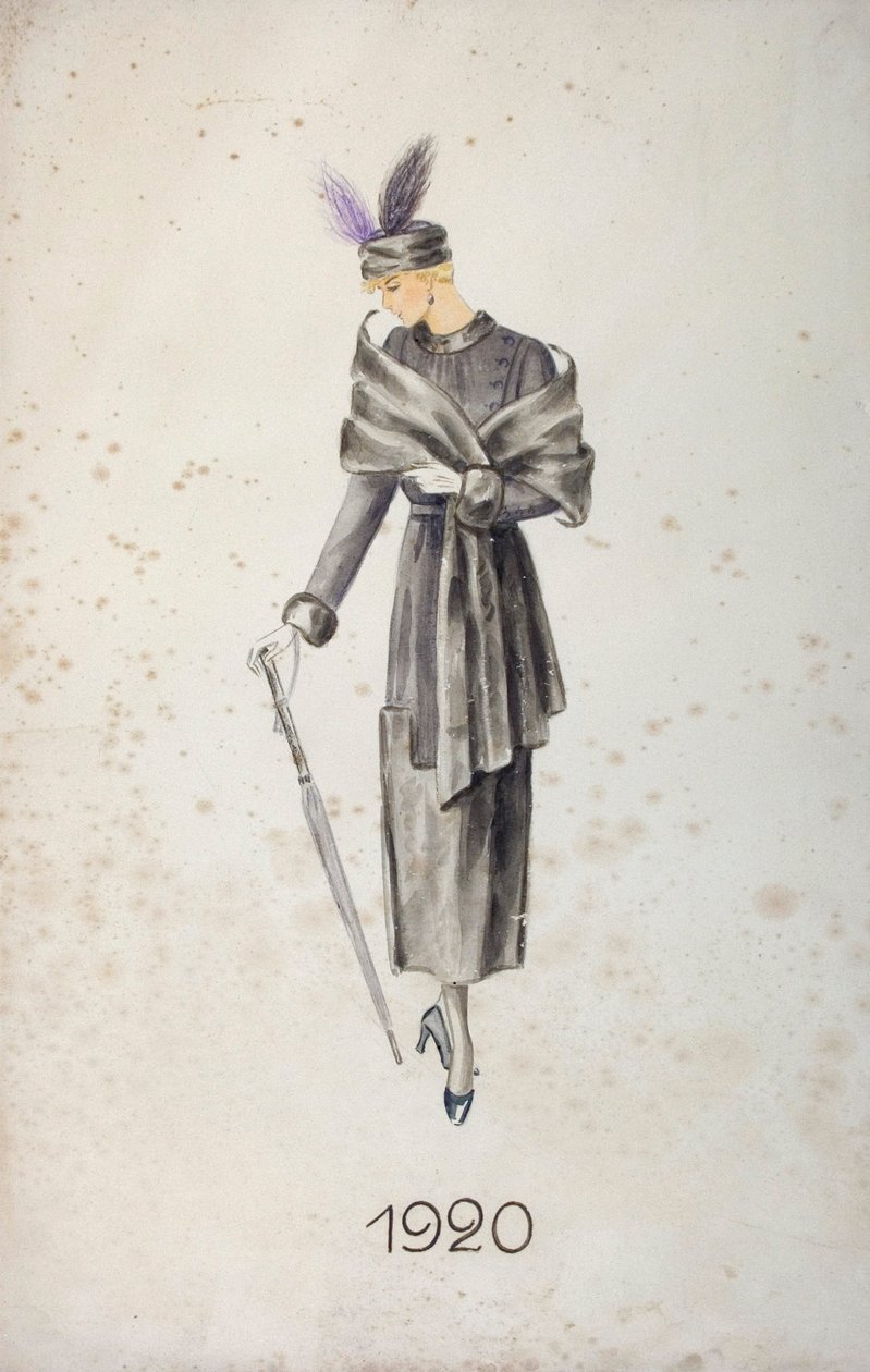 Model iført frakke og hat med fjer, med paraply, 1920 af Unknown