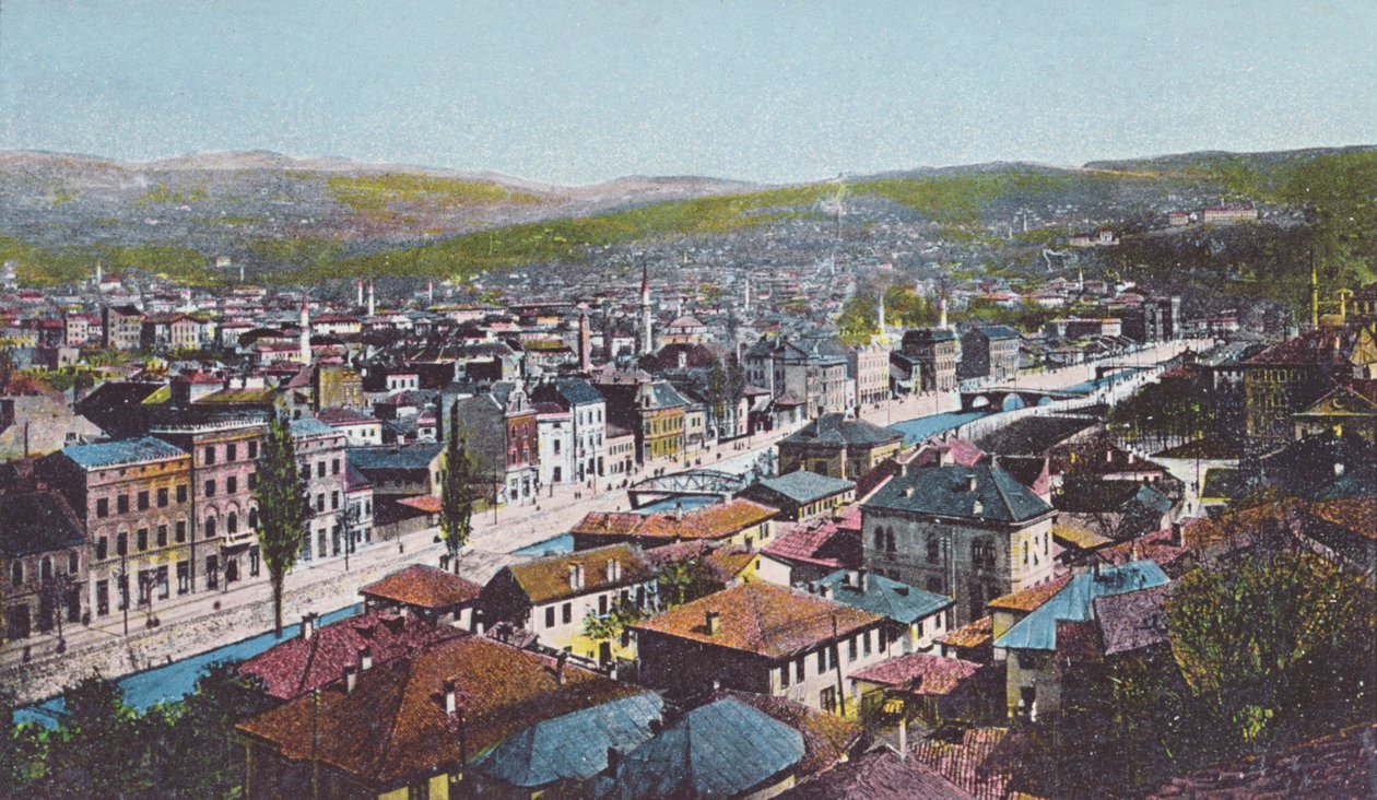 Postkort forestillende Sarajevo og Appel-kajen, 1913 af Unknown