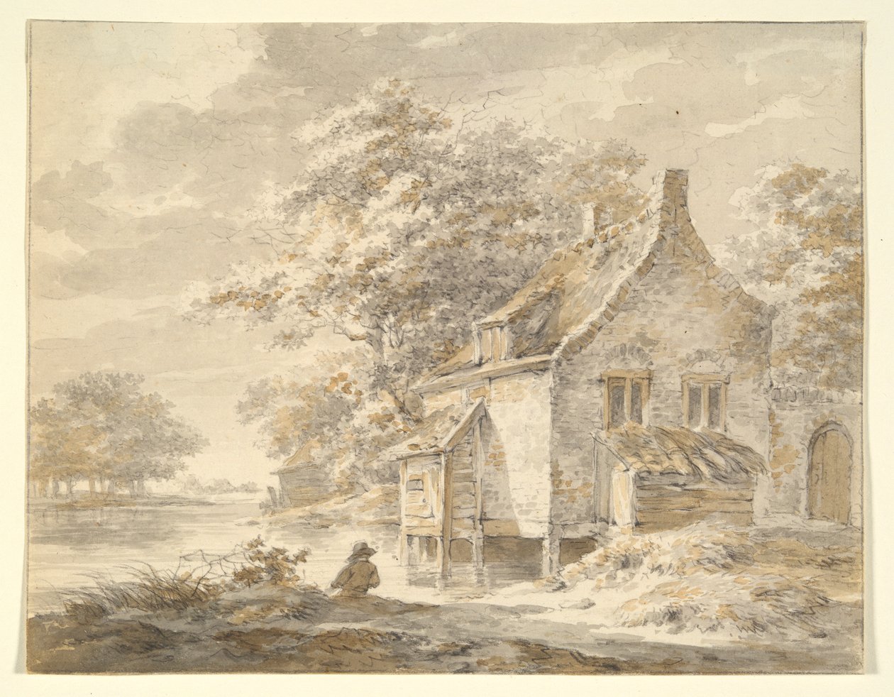 Flodlandskab med hus af Unknown