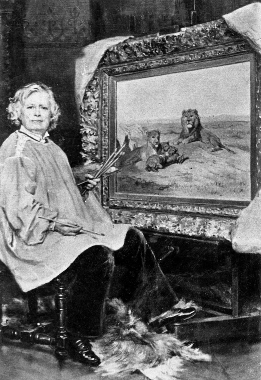 Rosa Bonheur (1822-1899) fransk naturmaler her foran et af hendes lærred, der forestiller løver ca. 1875 af Unknown
