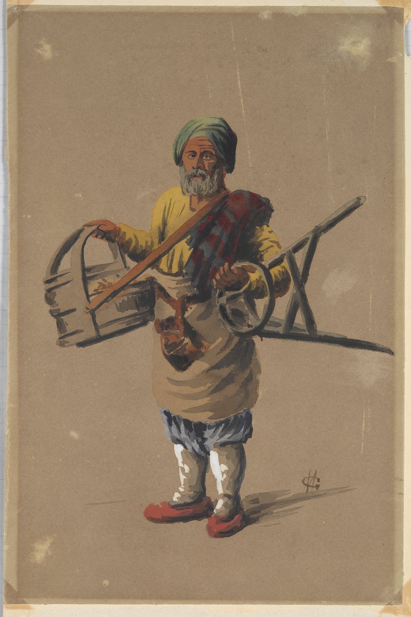 Russisk (?) mand holder kurv og skammel af Unknown