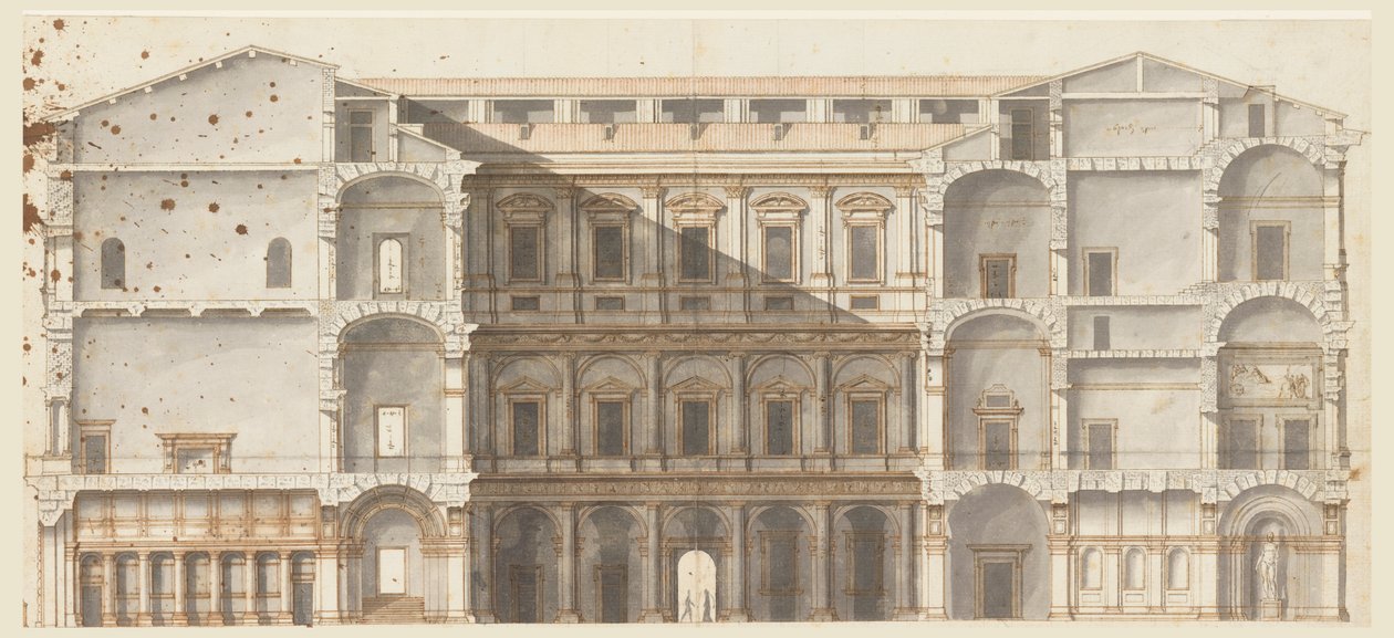 Udsnit af vingerne og forhøjningen af en mur på domstolen, Palazzo Farnese, Rom af Unknown