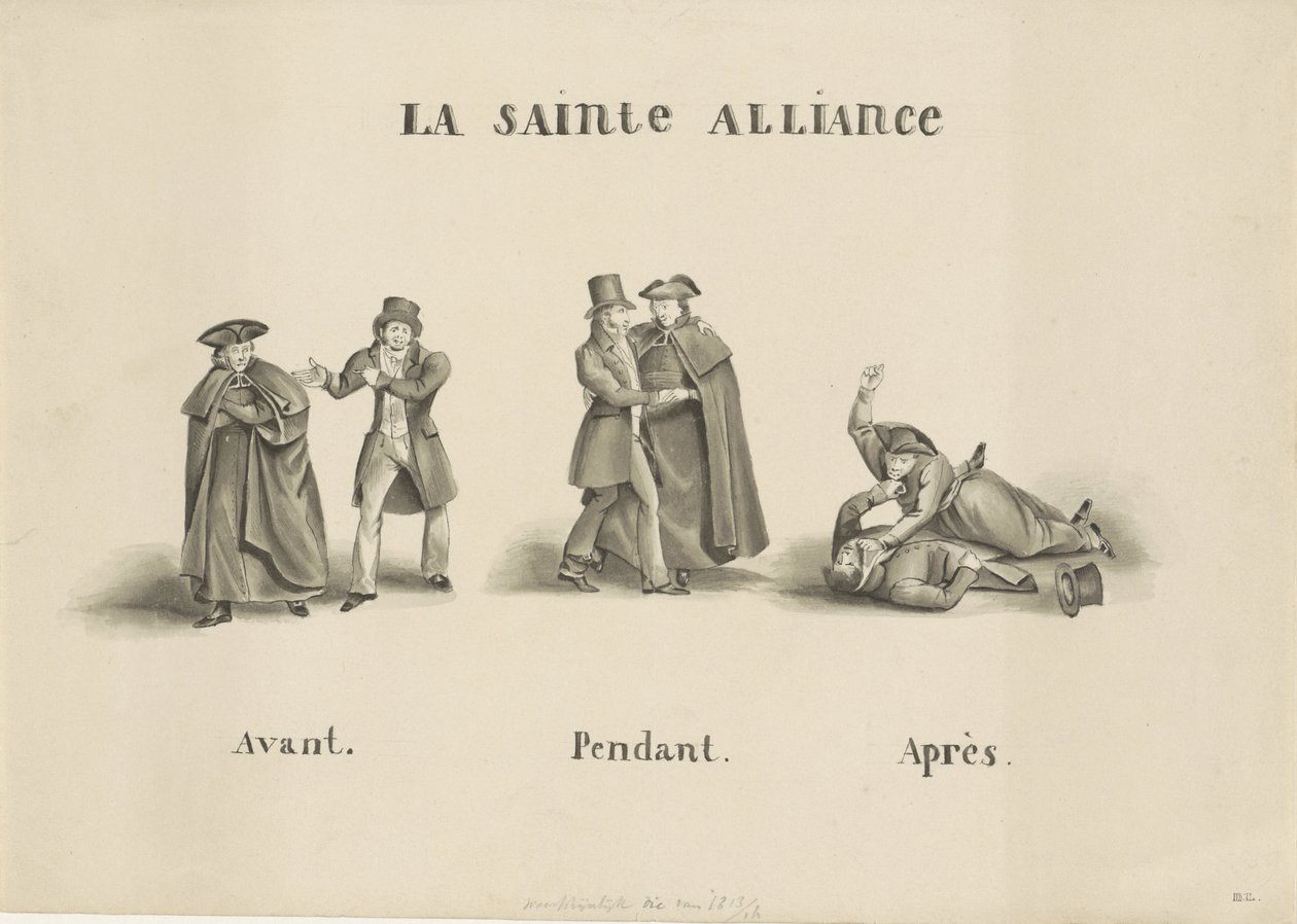Tegneserie af alliancen mellem det romerske præsteparti og det liberale parti mod den hollandske regering, 1828 La Sainte Alliance (titel på objekt) af Unknown