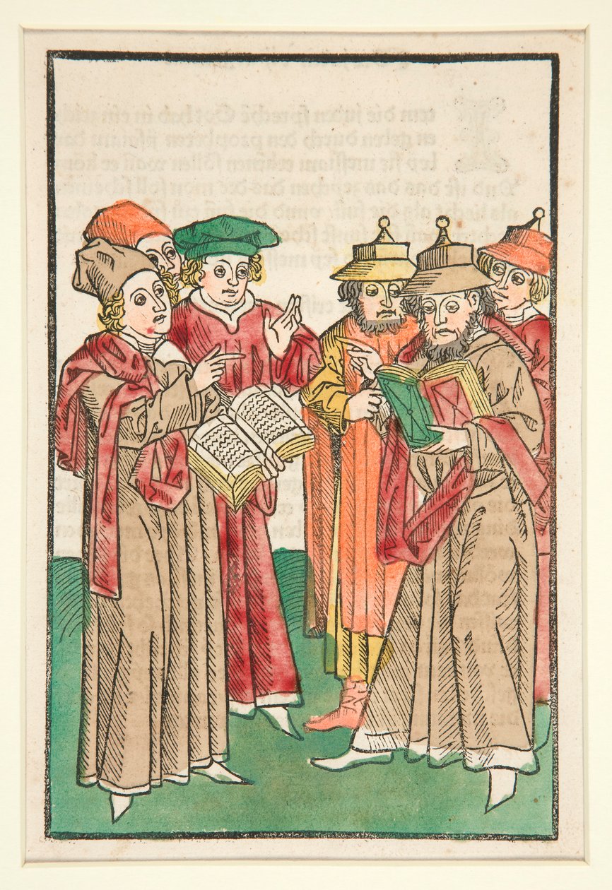 Tre kristne og tre jødiske lærde disputerer, illustration fra Der Seelen-Wurzgarten af Unknown