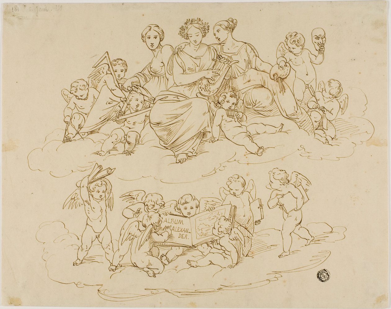 Tre muser (Urania, Terpsichore og Thalia) med Putti af Unknown