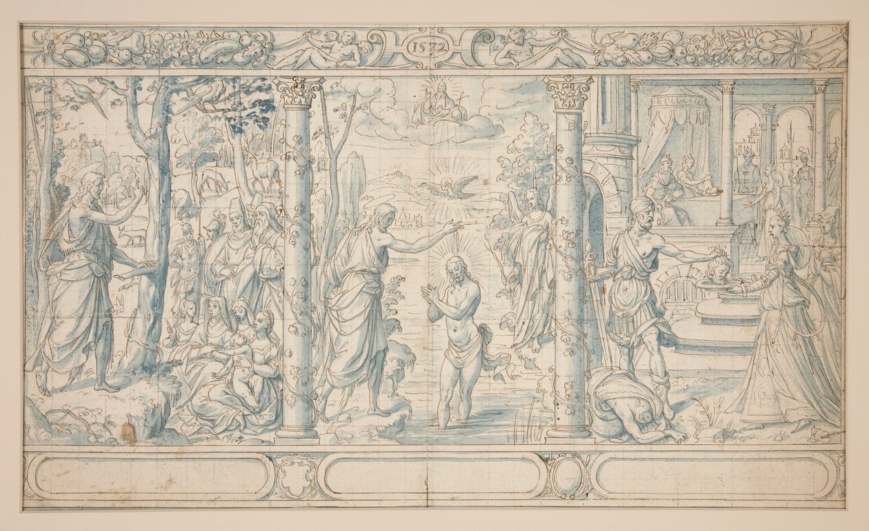 Tre scener fra Johannes Døberens liv; Johannes Døberens prædiken, Kristi Dåb, Halshugningen af Johannes Døberen af Unknown
