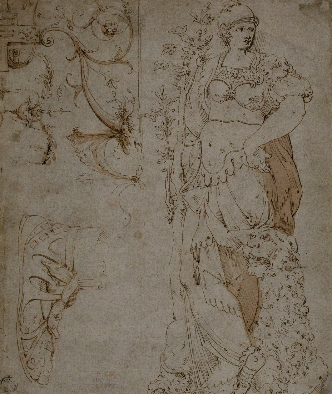 Tre Skitser: Fortitude, en Sandal og Grotesques (recto); Skitser af Grotesker og Roman Cuirass (verso) af Unknown