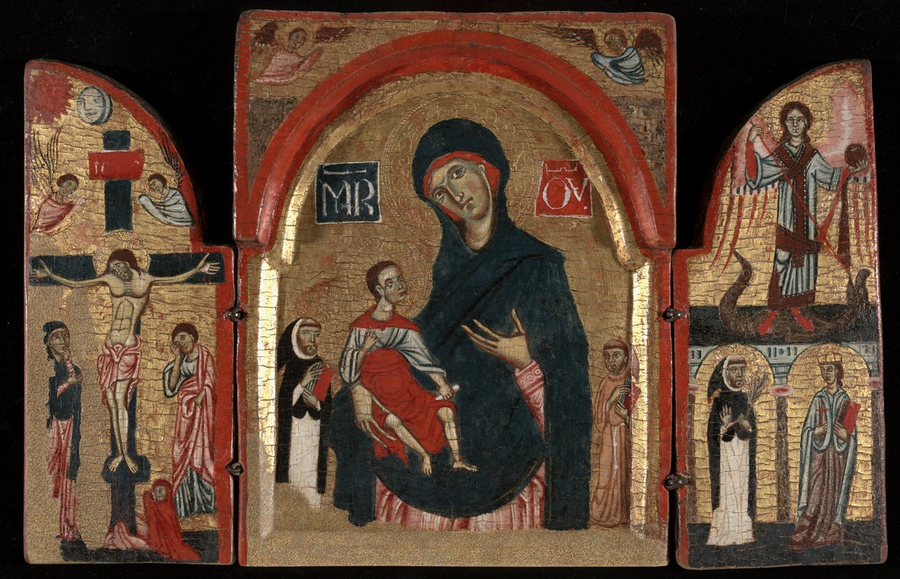 Triptykon: Jomfru og barn med de hellige Dominic og Frans; Korsfæstelsen; Sankt Michael med de hellige Peter Martyr og Catherine af Alexandria af Unknown