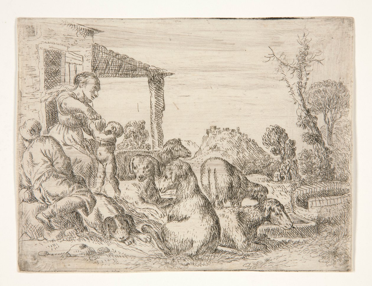 Uden titel (bondefamilie med hunde og lam i et landskab) af Unknown