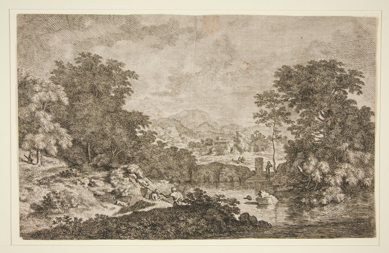 Uden titel [Pastoral scene - bjergrigt landskab nær vandmasse og fem figurer] af Unknown