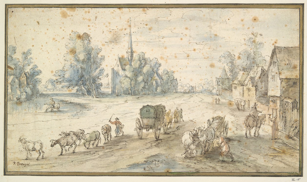 Landsbygade med kvæg og vogne af Unknown