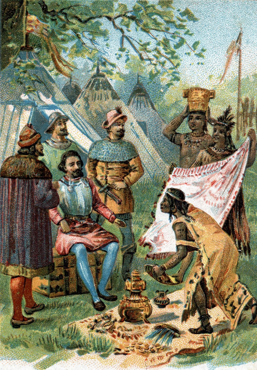 1518 - 1519: Fernand Cortez rejste til erobringen af Mexico modtager gaverne fra kejser Montezuma. af Unknown artist