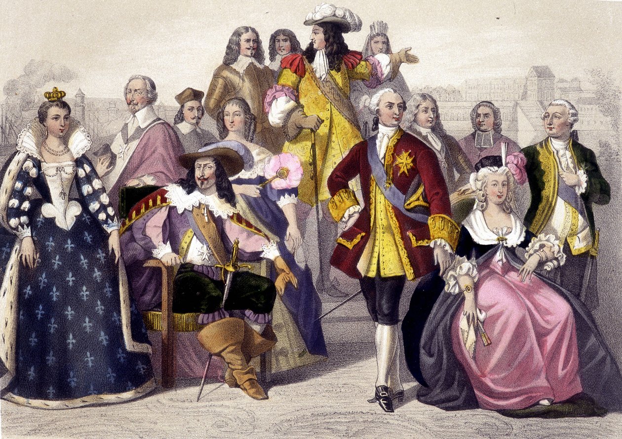 1610 til 1774. Marie de Medici, Ludvig XIII, Ludvig XV, Marie Antoinette og Ludvig XVI. Indgravering af det 19. århundrede. af Unknown artist