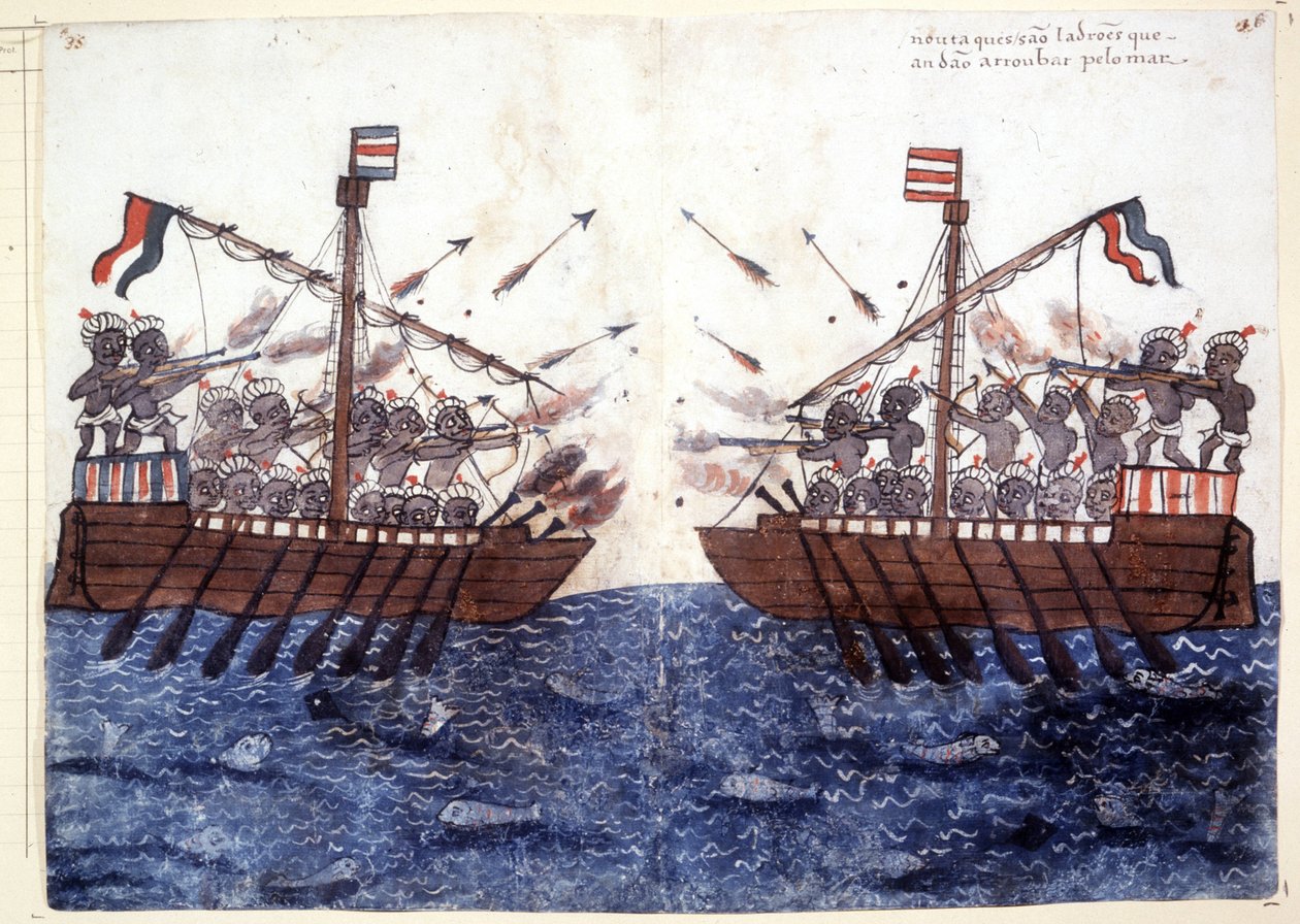 1500-tals gravering, der skildrer mødet med et piratskib i Det Indiske Ocean. Rom biblioteca Casantense. af Unknown artist
