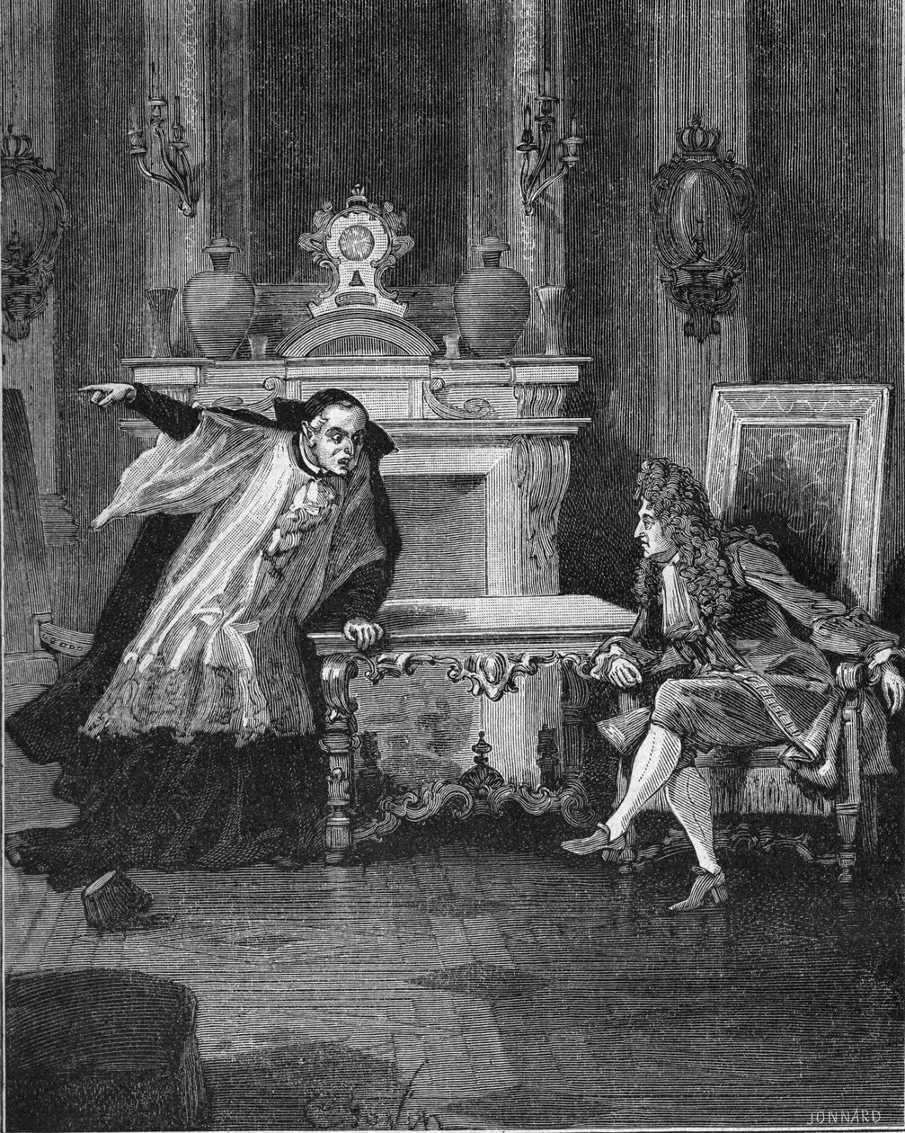 1715: Kongen af Frankrig Ludvig XIV (1638-1715) hører ordene fra fader Michel Le Tellier (1643-1719), hans jesuiter skriftefader. Indgravering af det 19. århundrede. I "Histoire de France" af Jules Michelet af Unknown artist