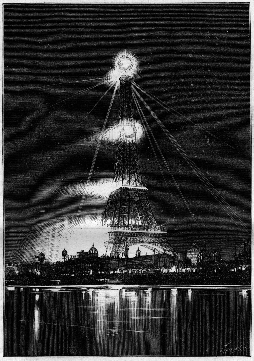 1889 Verdensudstilling: Eiffeltårnet brændt af bengalske flammer om aftenen for åbningen af udstillingen, den 6. maj af Unknown artist