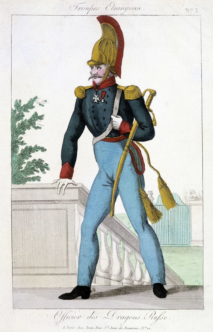 Illustration fra det 19. århundrede, der repræsenterer en officer af de russiske drager. af Unknown artist