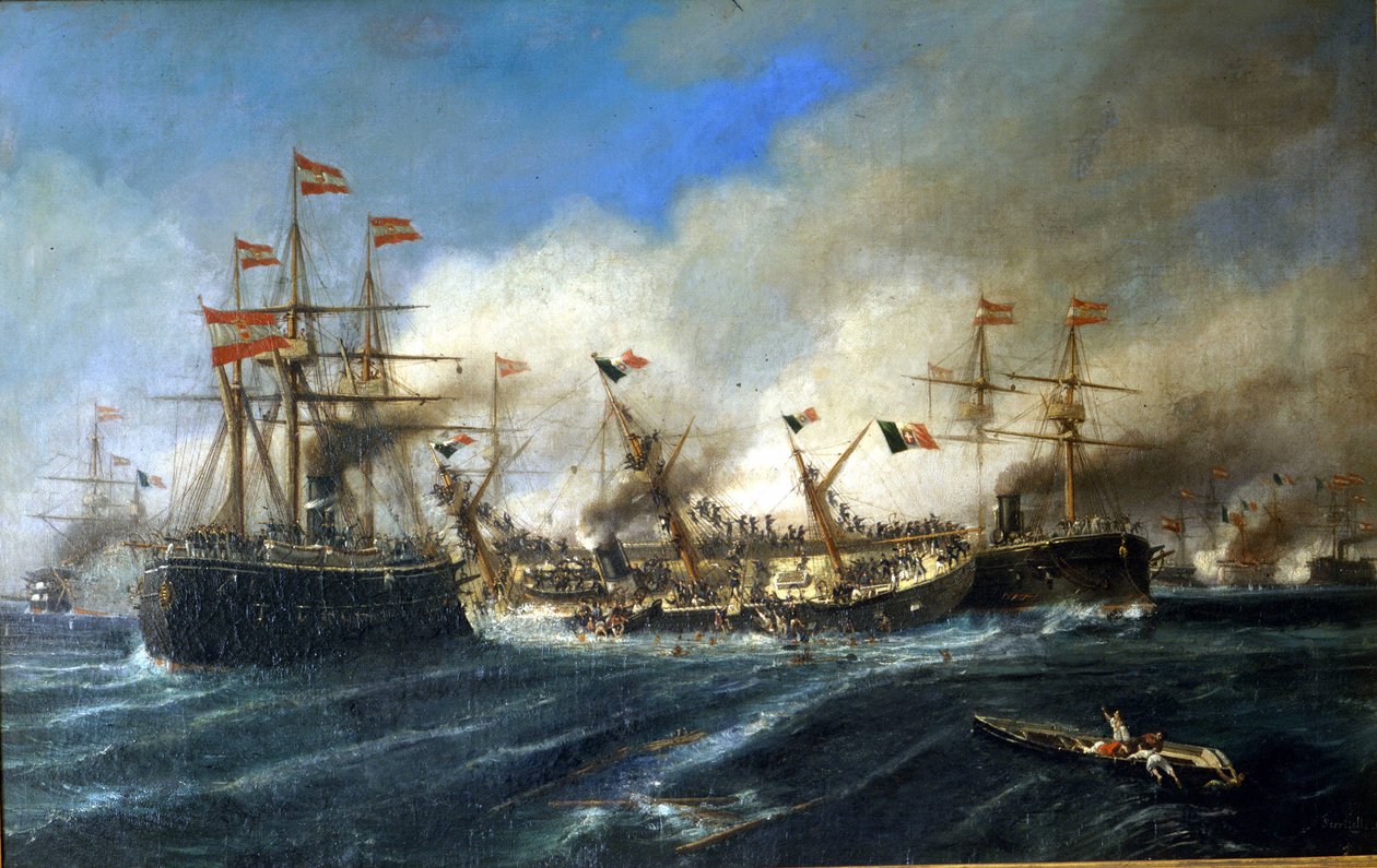 20/07/1866: Slaget ved Lissa ud for Dalmatien: Østrigerne ødelægger den italienske flåde. af Unknown artist