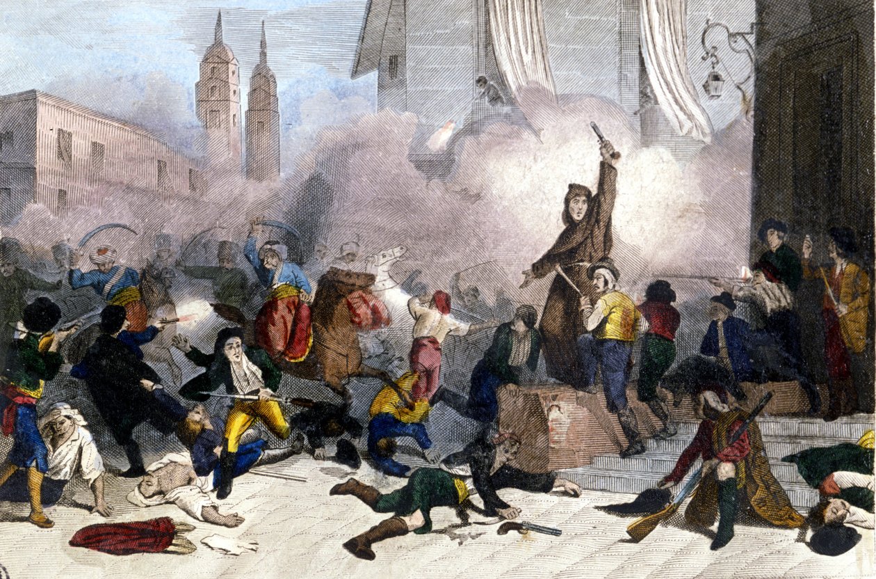 2/05/1808: Madrid-opstand mod den franske overtagelse af Spanien. Indgravering af det 19. århundrede af Unknown artist