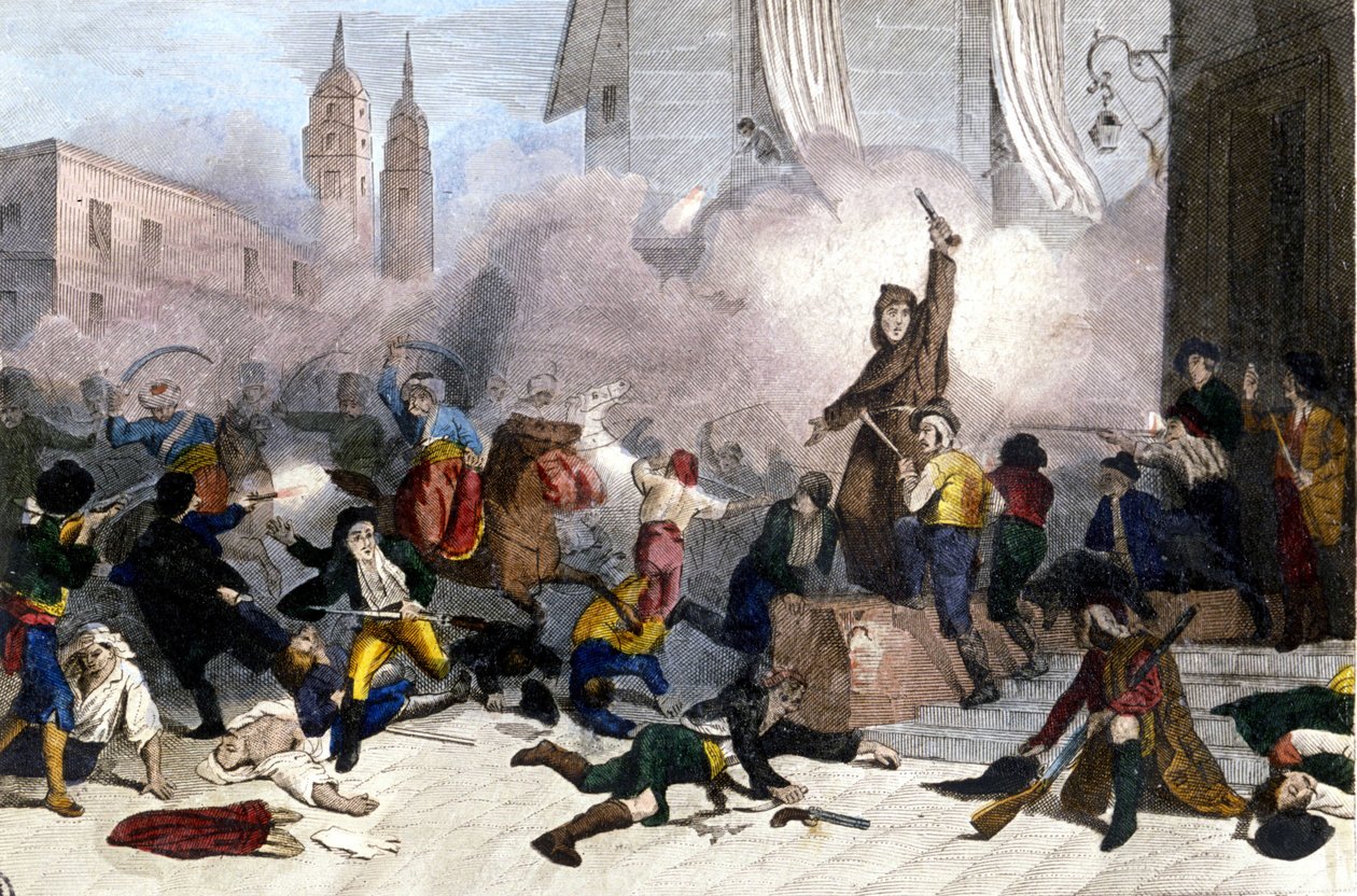 2/05/1808: Madrid-opstand mod den franske overtagelse af Spanien. Litografi omkring 1830. af Unknown artist