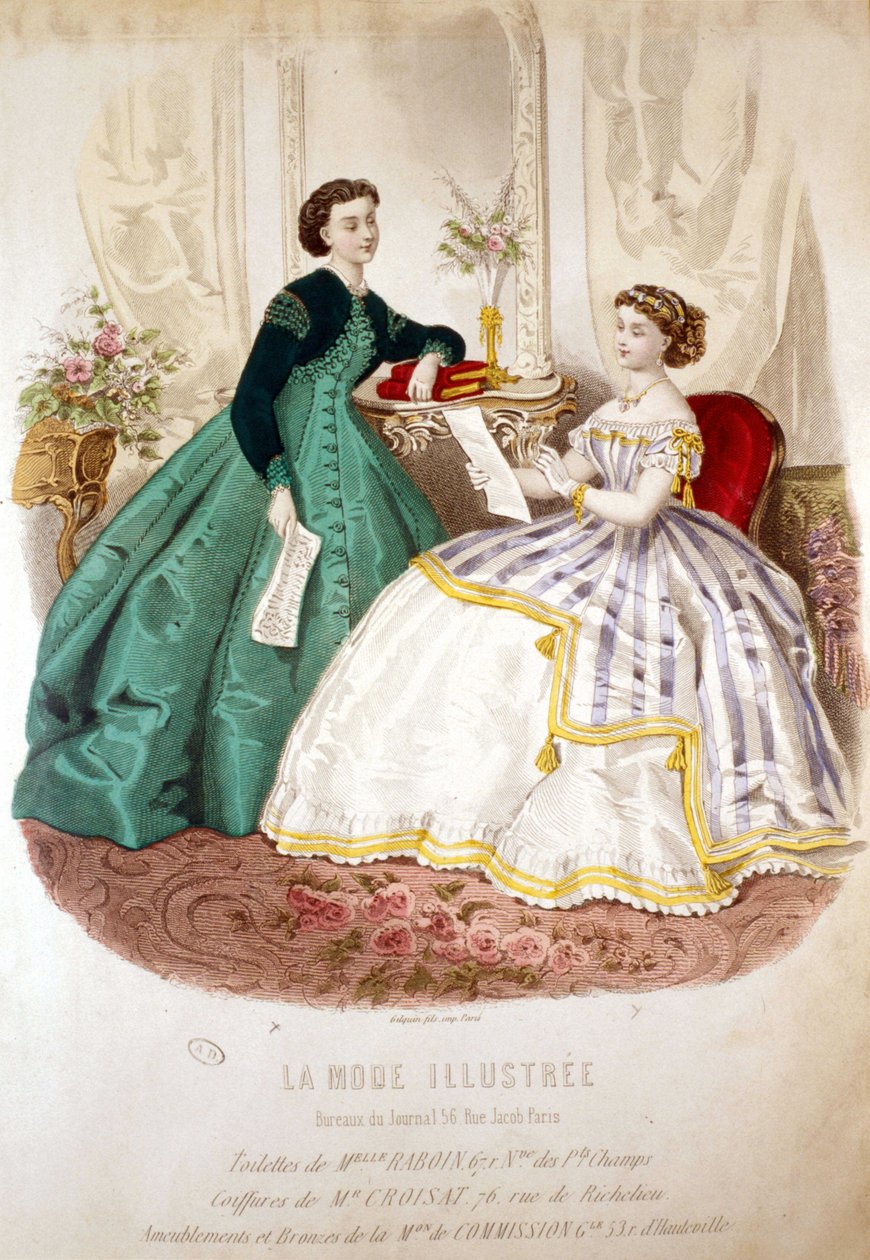 2 kvinder læser: Miss Raboins toilet og M. Croisats frisurer - i "La Mode illustrated"" af Unknown artist