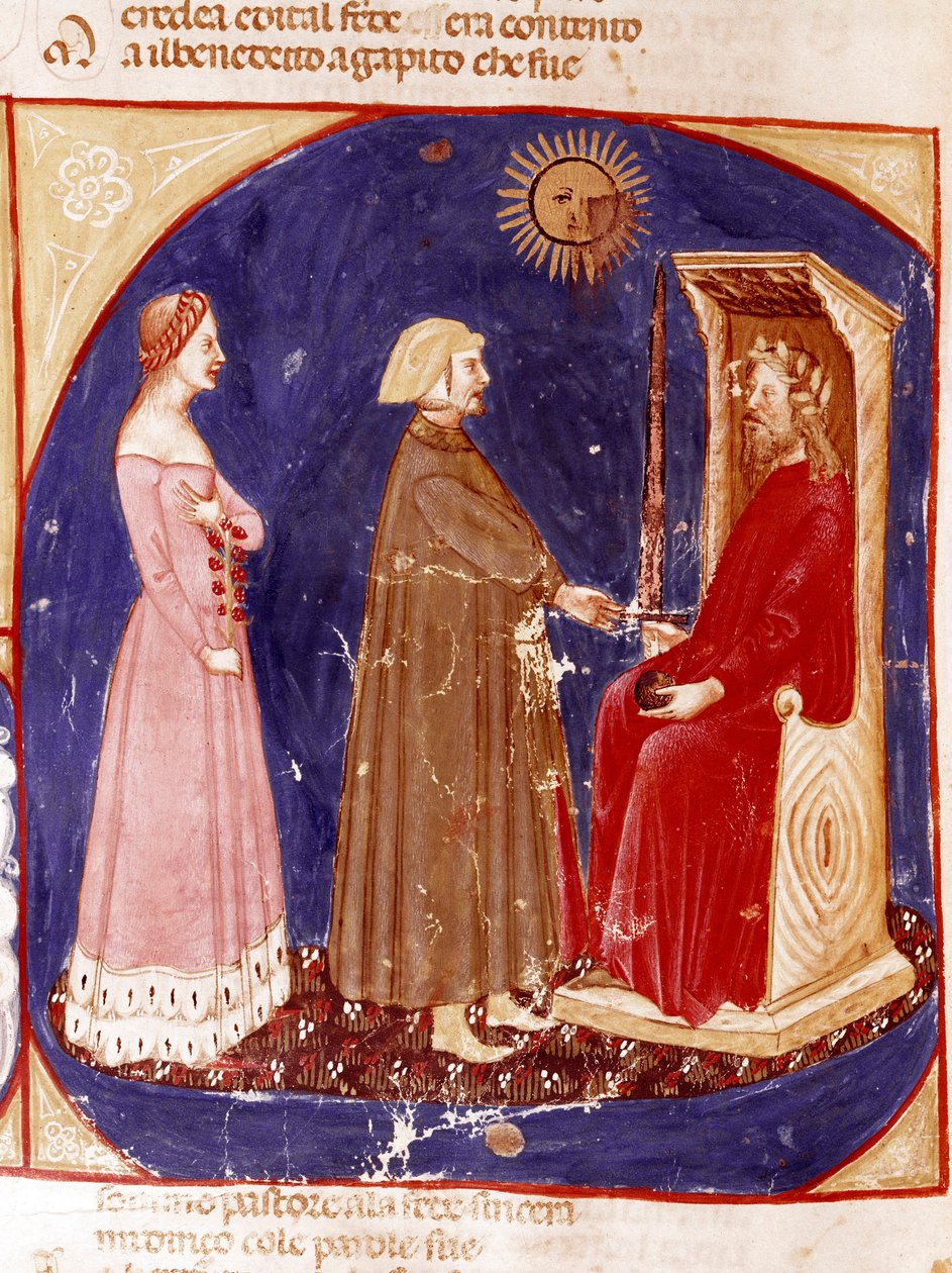 2. himmel: Dante og Beatrice står over for den romerske kejser Justinian i Paradisets 1. himmel. Oplyst side, der illustrerer en sang fra Paradiset fra "Divina Commedia" af Dante Alighieri (1265-1321). 1300-tallet, Venedig, Biblioteca Marciana af Unknown artist