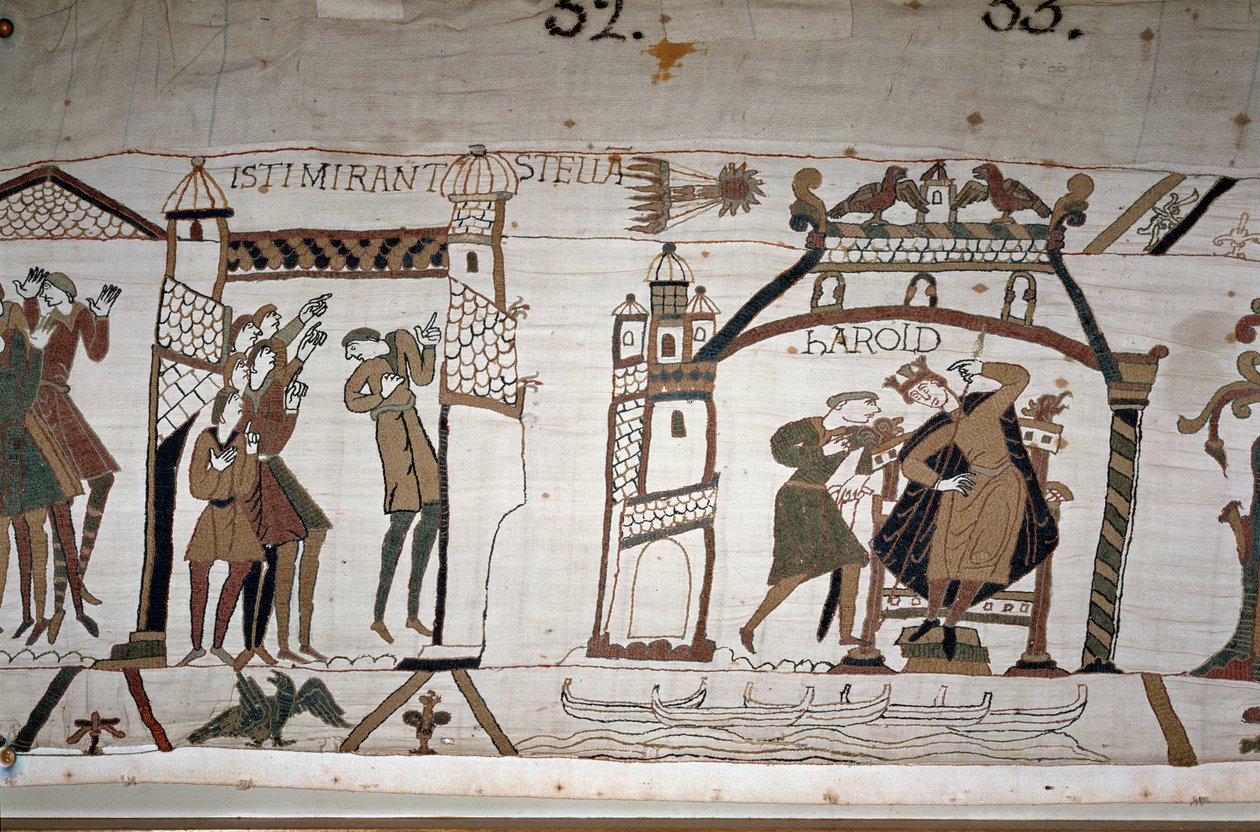 32: Kometens udseende; 33: En budbringer advarer Kong Harold II (1022 - 1066) - Bayeux-tapet, kendt som Broderi af Dronning Mathilde af Unknown artist