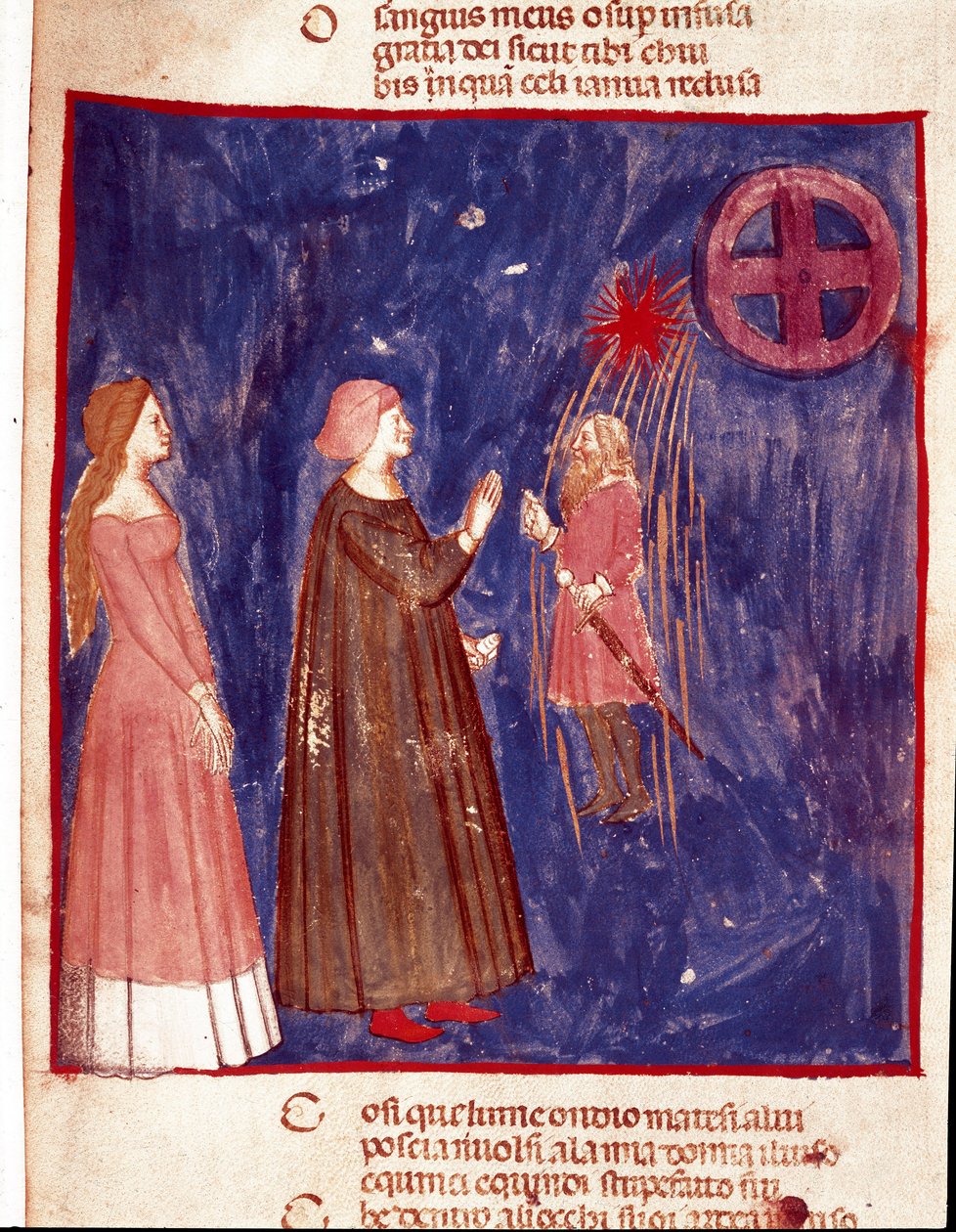 5. himmel: Dante og Beatrice møder Lord Cacciaguida i den himmelske sfære af kæmpernes sjæle. Oplyst side, der illustrerer en sang fra Paradiset fra "Divina Commedia" af Dante Alighieri (1265-1321). 14. århundrede, Venedig, Biblioteca Marciana af Unknown artist