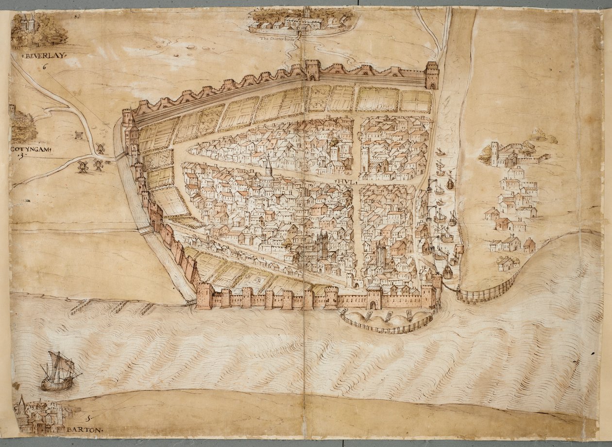 En repræsentation fra det 16. århundrede af byen Hull. Dette kort viser byen Hull, der ligger hvor floden Hull løber ud i Humber-mundingen. Det er en af en række planer, der blev tegnet for at vise tilstanden af kystforsvar i slutningen af omkring 153. af Unknown artist
