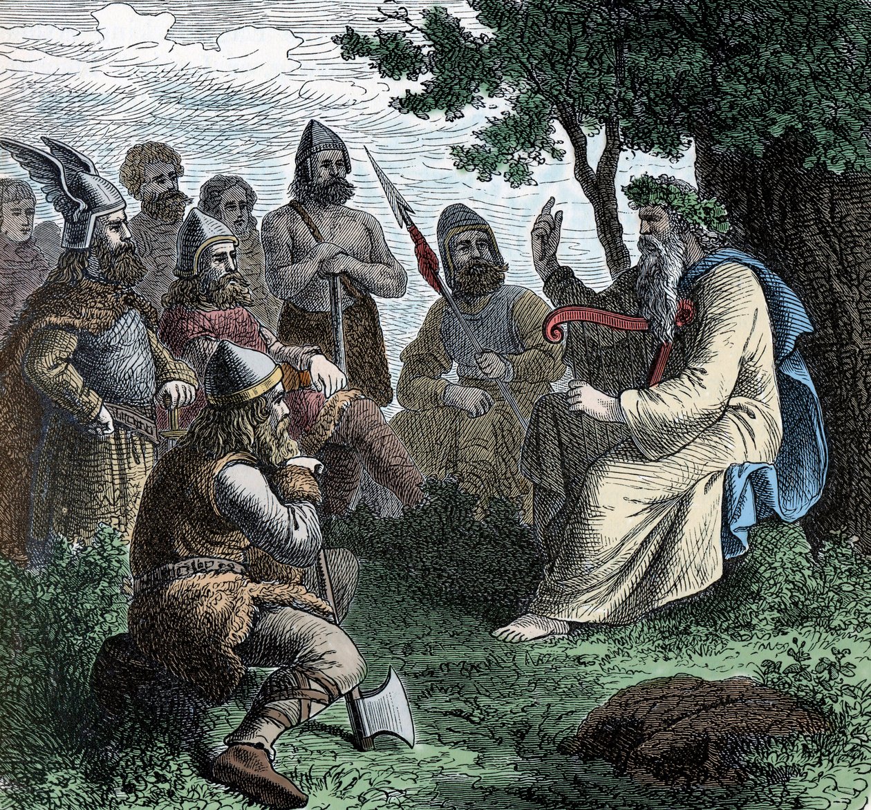 A Bard Reciting to Northmen - Viking Civilization: A Bard Druid Recite Poesy to Warriors, 8.-9. århundrede af Unknown artist