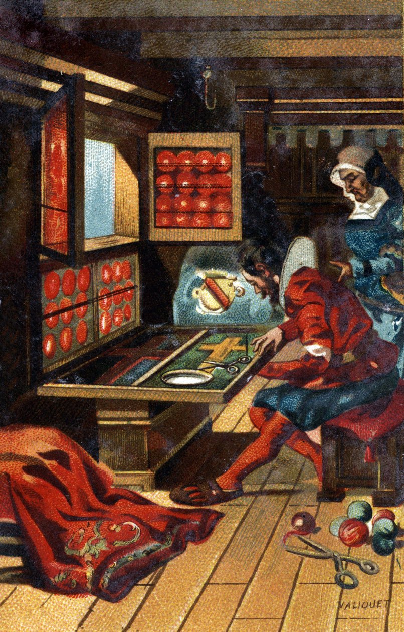 En Chasublier (en arbejder, der laver al slags kirkebeklædning) i 1546. Kromolitografi fra slutningen af 1800-tallet. af Unknown artist