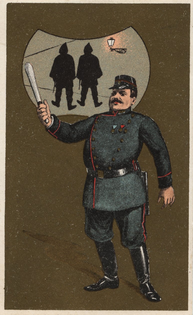 En fransk politimand i uniform med sin trunk. Anonym kromolitografi, slutningen af det 19. århundrede. af Unknown artist