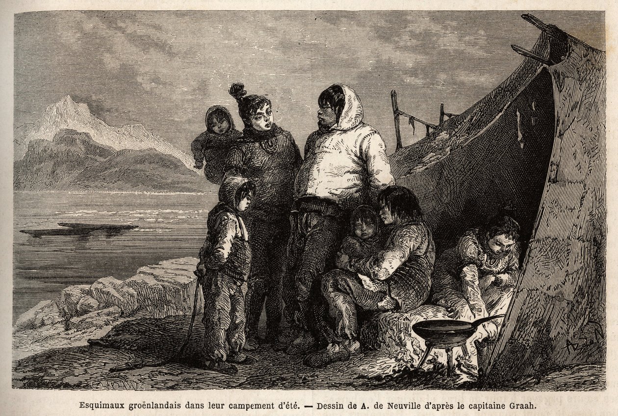 En grønlandsk inuitfamilie i deres sommerskindslejr. Gravering til illustration af rejsen til det frie hav af den arktiske pol, af Doctor Hayes, kirurg fra den amerikanske flåde, i 1860-1862, offentliggjort i "Le tour du monde, nouveau journal des voyages" af Unknown artist