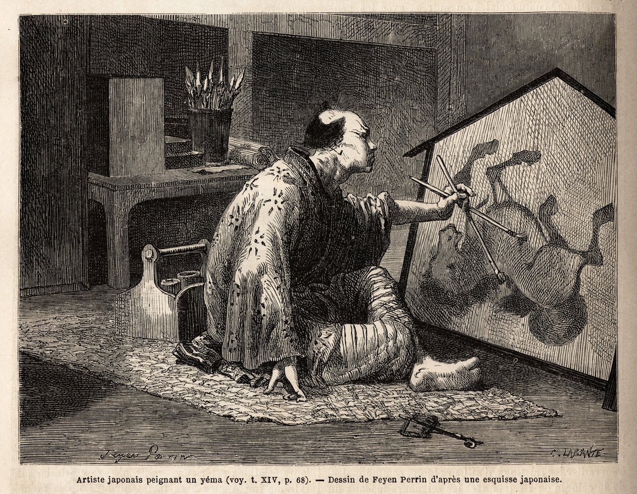 En japansk kunstner, der maler et yema (legendarisk hestemaleri). Indgravering til illustration af rejsen til Japan i 1863-1864 af Aime humbert, minister for Det Schweiziske Forbund, i "" Le tour du monde, nouveau journal des voyages"" udgivet under direkt af Unknown artist