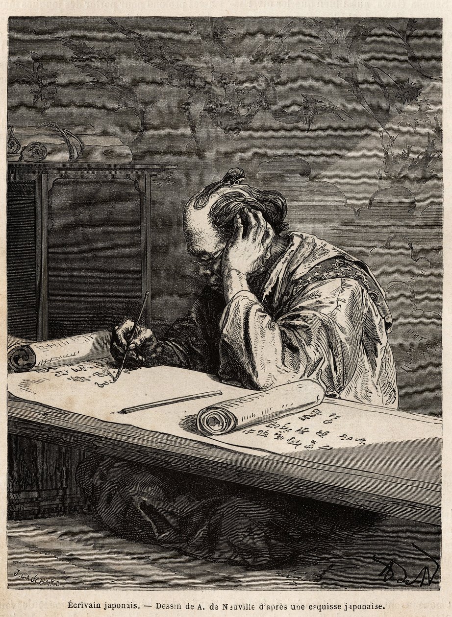 En japansk forfatter har sit arbejdsbord, og redigerer en tekst på en lang rulle, som han ruller eller derulerer alt efter, hvordan hans opgave skrider frem. Indgravering til illustration af rejsen til Japan i 1863-1864 af Aime Humbert, minister for Det Sc af Unknown artist