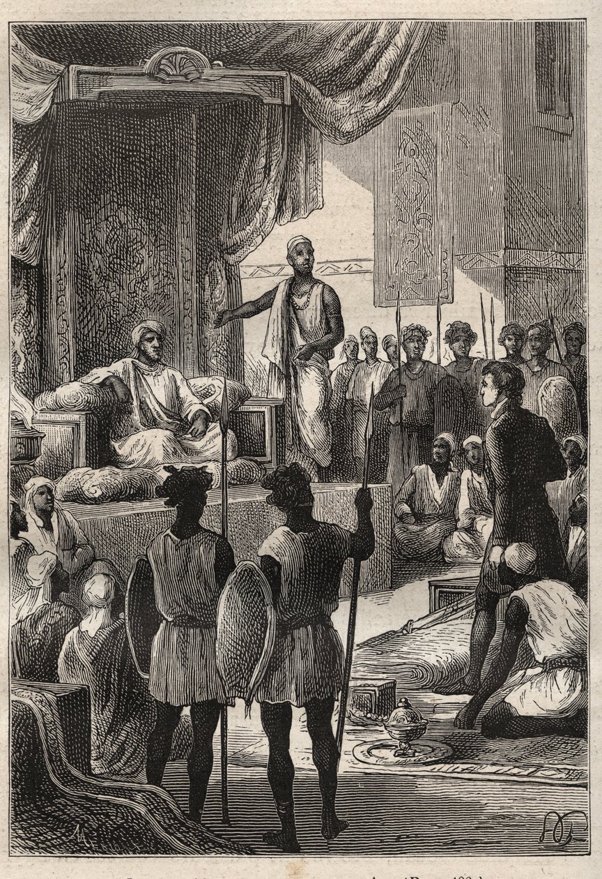 A Journey (1792-1795) to Egypt and the Near East af William George Browne (1768-1813): Browne møder sultanen fra Darfur Ald el Raschman (Abd-er-Rahman, kendt som El-Rachid eller den retfærdige), kl. El Fasher (Al-Fashir, Sudan) i 1793 - illustration fra "T af Unknown artist
