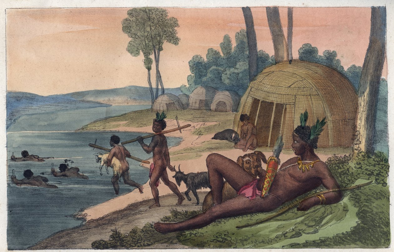 En Korah Hottentot-landsby på den venstre bred af Orange River - indgravering fra "" skikke og traditioner for alle folk i universet. Det er historien om regeringen, lovene, militsen, om religionen af ​​alle nationer fra de fjerneste tider op til dagene af Unknown artist