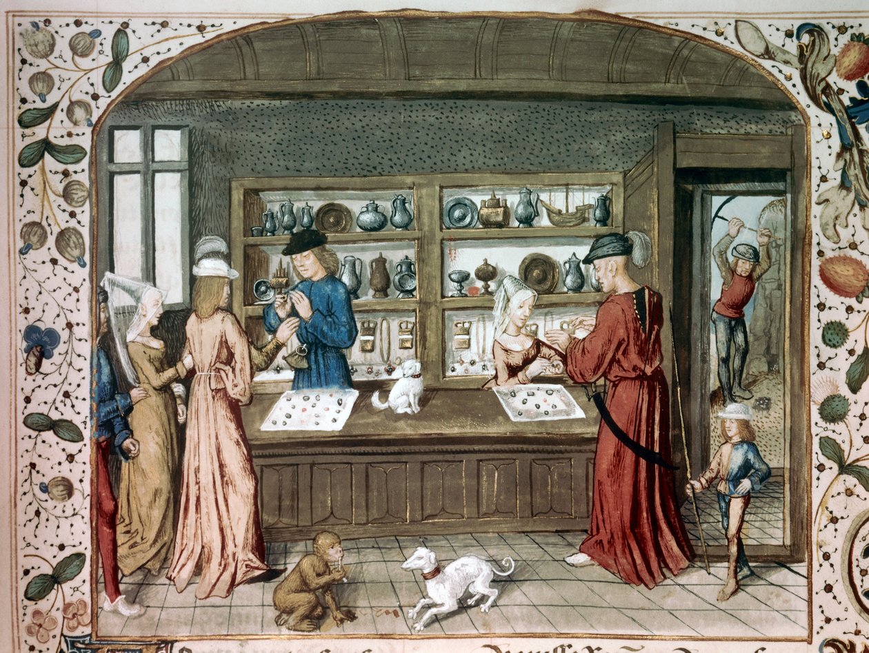 En miniature smykkebutik fra "" Le lapidaire de Jean (Jehan) de Mandeville (1300-1372)" Paris fra det 15. århundrede, B.N. af Unknown artist