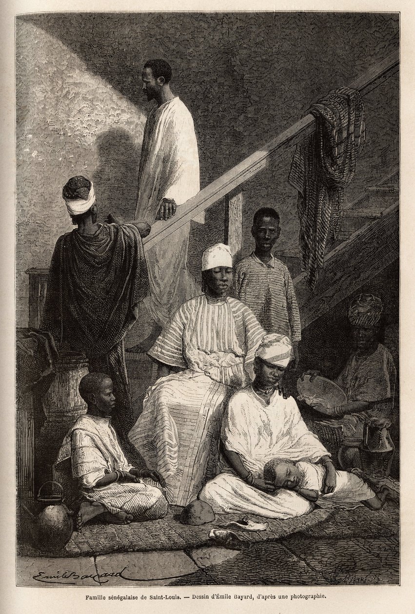 En senegalesisk familie fra Saint Louis (Saint Louis). Gravering til illustration af et krydstogt på Afrikas kyst, af viceadmiral Fleuriot de Langle, i 1868, udgivet i "" Le tour du monde""" 1872, redigeret af Edouard Charton, udgave Hachette, Paris. Selva af Unknown artist